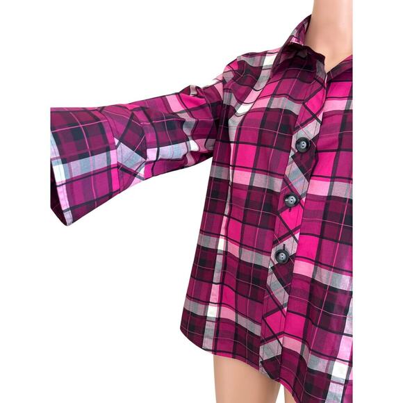 Pendleton Petite Flannel Wrinkle Free pink plaid wide sleeve button up pink/blk - Picture 3 of 9